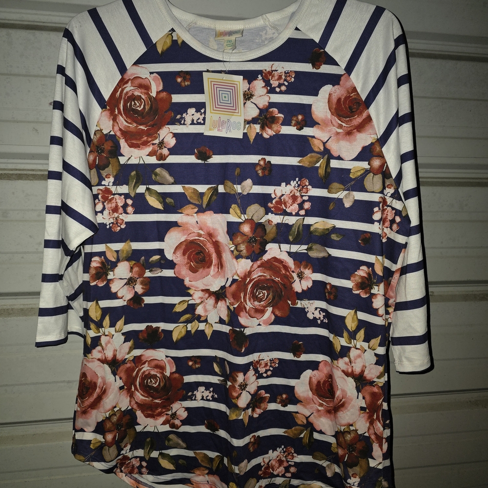 2x Lularoe Shirt Top New Navy Stripe Pink Floral Raglan